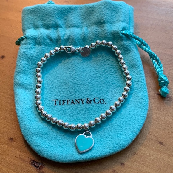 Tiffany & Co. Jewelry - Tiffany sterling silver 4mm bead bracelet with signature enamel heart.